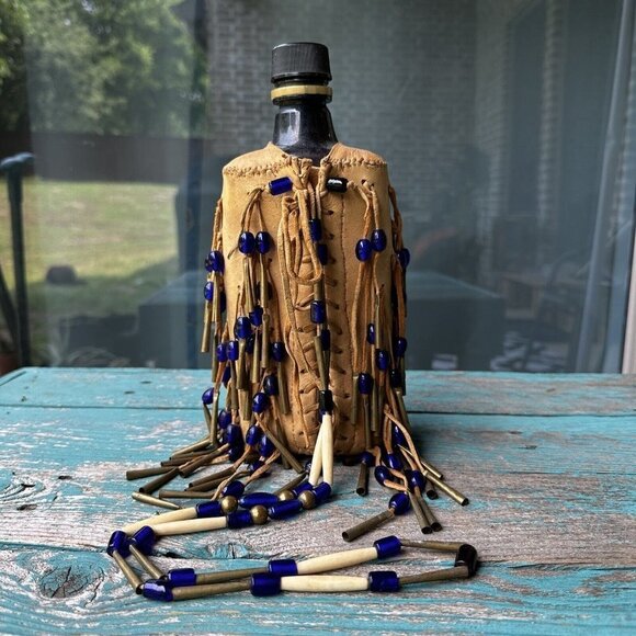 Native American Plains Canteen Bag 10" Leather Brass‎ Conicals Cobalt Blue Beads - Picture 7 of 13
